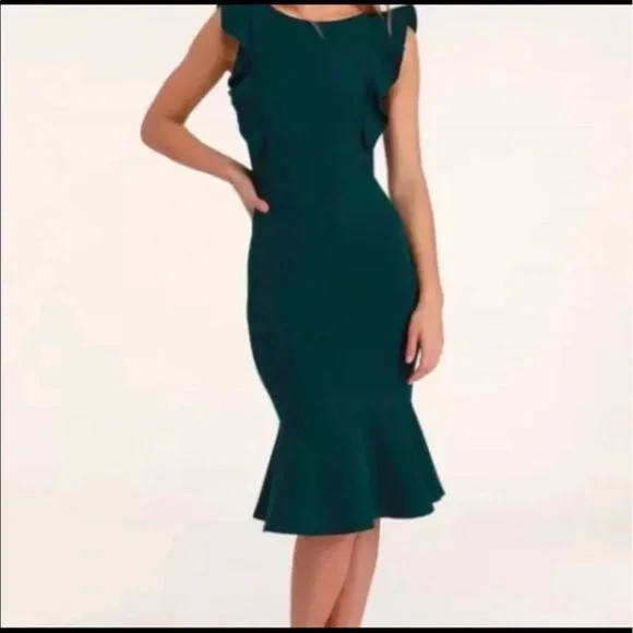 Lulu’s Emerald Green Hearts Aflutter Bodycon Trumpet Midi Ruffle Hem Dress - Picture 2 of 14